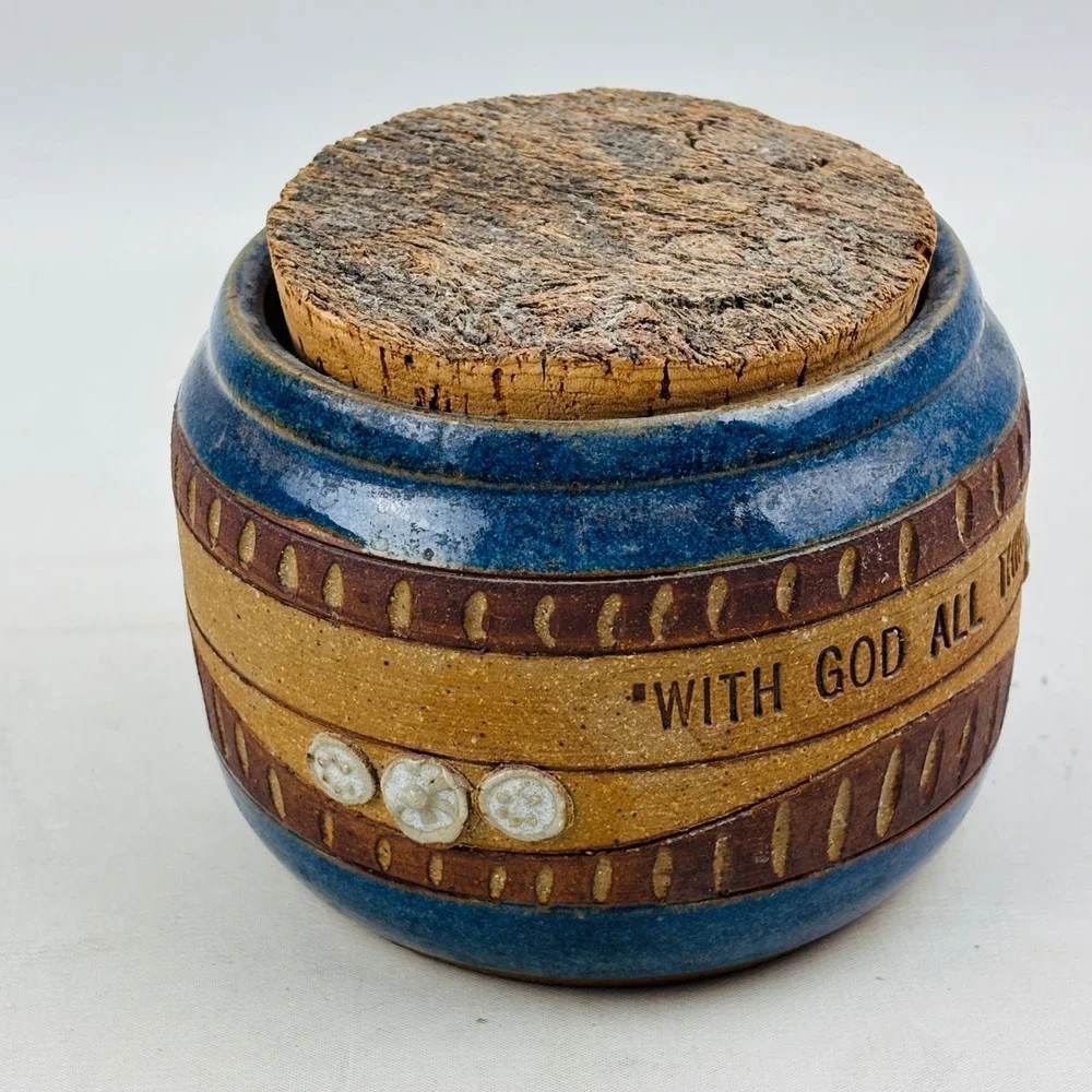 Down to Earth Pottery‎ Blue Brown Jar Cork Lid With God All Things Are Possible